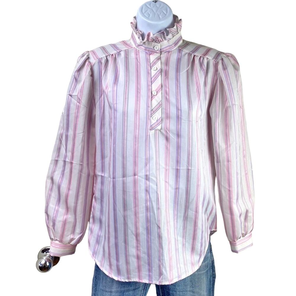 Vintage Maggie Sweet High Ruffle Neck Top Pink Size medium Made in USA